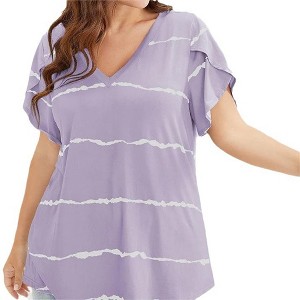 Plus Size Tops for Women V Neck Tops Stripes T-Shirt with Flutter Short Sleeve Plus Size Summer A Line Flowy Casual Tops - 1 of 2