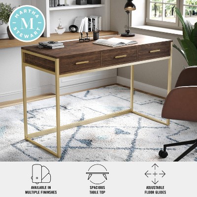 Walnut and Brass Modern Home Office Desk with Drawers