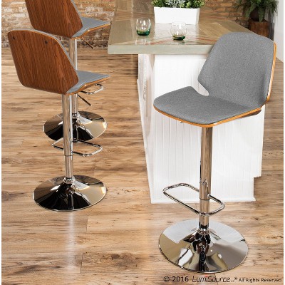 Walnut and Grey Adjustable Swivel Bar Stool with Metal Base