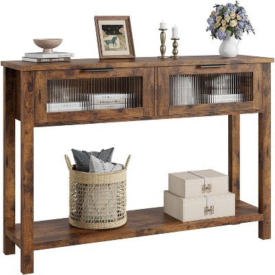 Entryway Table, Wood Console Table with 2 Glass Drawers, 2 Tier Sofa Table with Storage for Living Room, Foyer Tables for Entryway-Rustic Brown