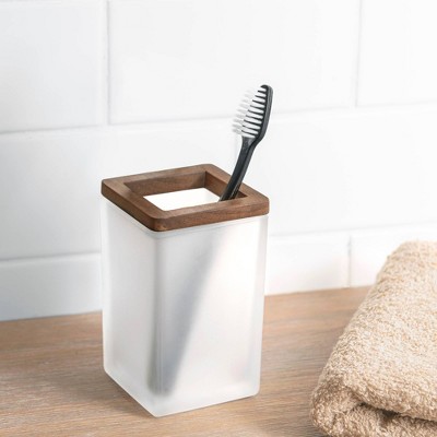 Frosted Glass and Wood Top Toothbrush Holder