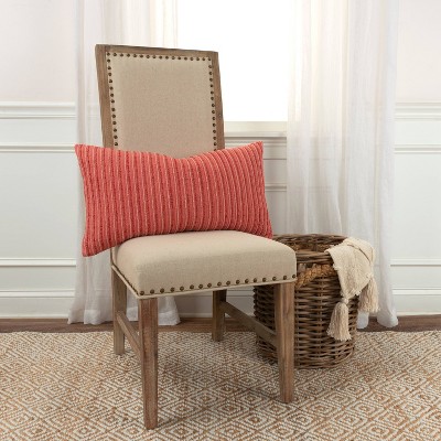 Coral Pink Striped Cotton Viscose Lumbar Pillow 14" x 26"