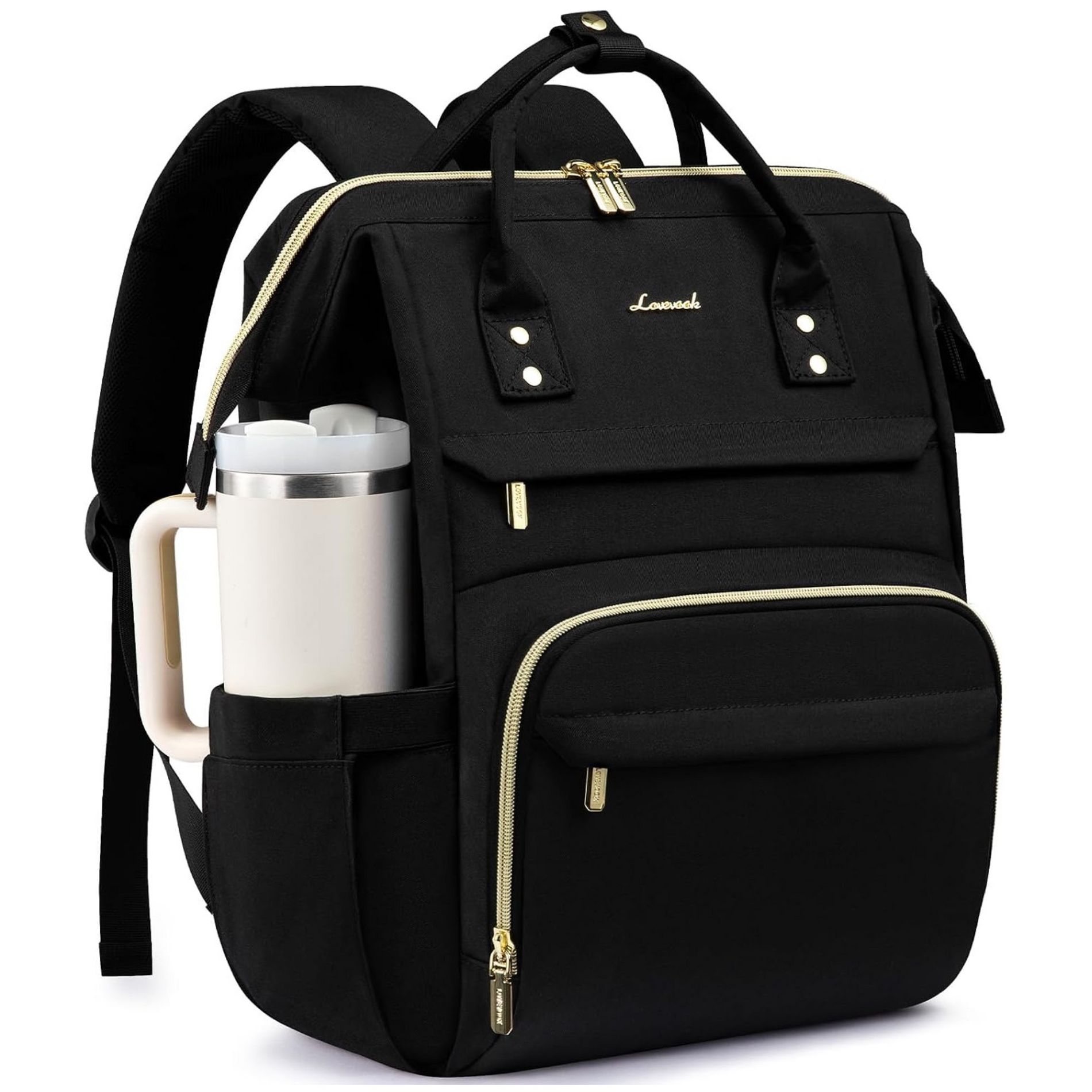 LOVEVOOK Laptop Backpack for Women with Giant Tumbler Holder Pocket, Waterproof Travel Computer Laptop Bag, Black