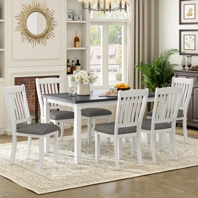 7-Piece Wooden Dining Table Set With 1 Dining Table and 6 Upholstered Chairs With Shaped Legs, Gray+White - ModernLuxe