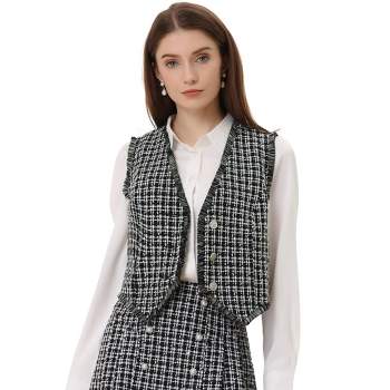 Allegra K Women's V Neck Fringe Trim Vintage 1950s Plaid Tweed Suit Vest