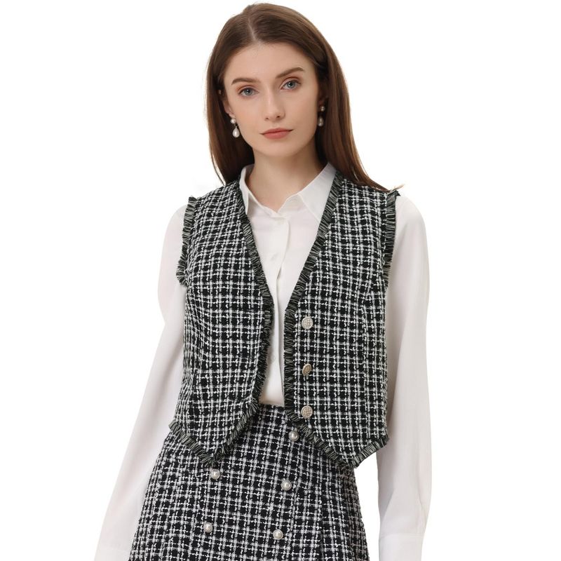 Allegra K Women's V Neck Fringe Trim Vintage 1950s Plaid Tweed Suit Vest, 1 of 7
