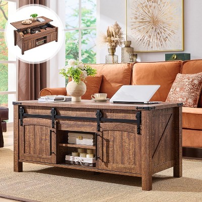 SinCiDo Lift Top Coffee Table, Farmhouse 48" Center Table w/ Lifting Platform, Hidden Storage Room, Adjustable Partition, & Arched Sliding Door