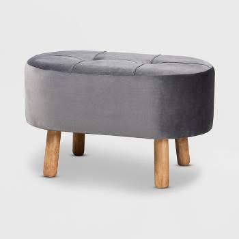 Simone Velvet Upholstered Wood Ottoman Gray/Natural - Baxton Studio