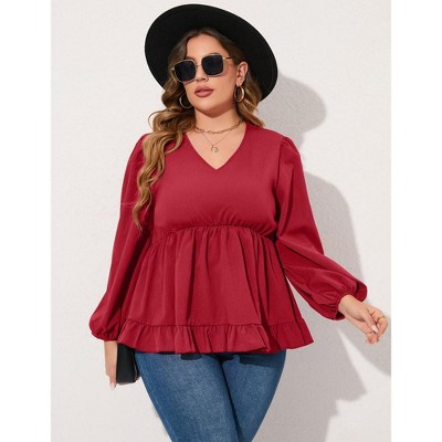 YesFashion Women's Plus Size Blouses V Neck Puff Sleeve Babydoll Tunic Long Sleeve Chiffon Casual Tops Ruffle Shirts