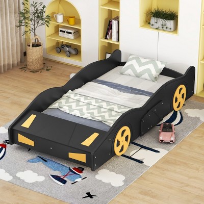 1 Twin Car Bed Frame, Solid Wood Platform with Wheels and Storage for Kids Bedroom or Playroom - Baofuwish