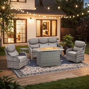 Buenhomino Patio Furniture Set with Fire Pit Table and Swivel Rocking Chairs, 5 Pieces Outdoor Wicker Furniture Set with 6'' Thickened Cushion - 1 of 4