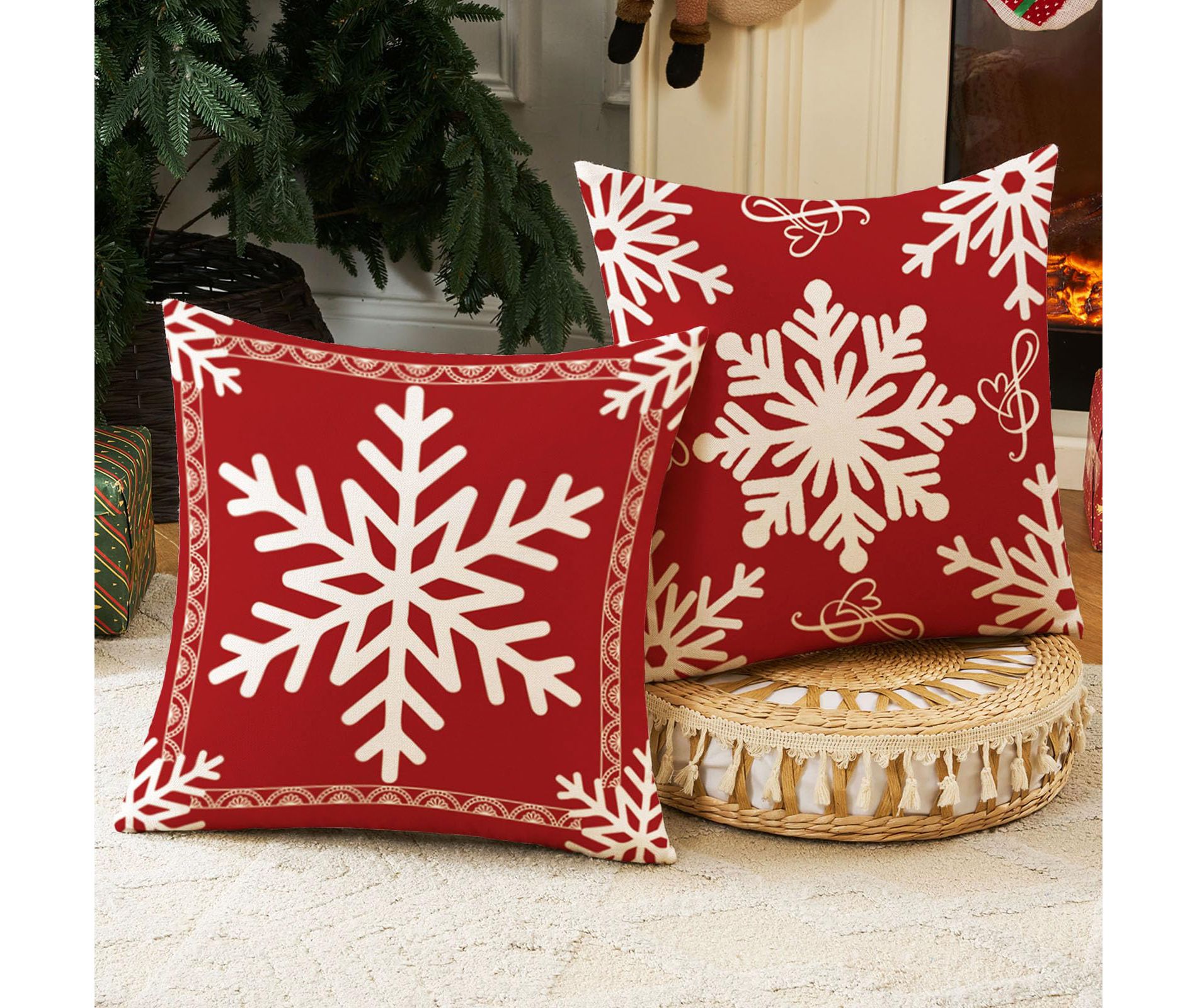 Red Christmas Snowflake Pillow Covers 18x18 Set of 2, Holiday Red and White 18 x 18 Christmas Decor Throw Pillow Covers