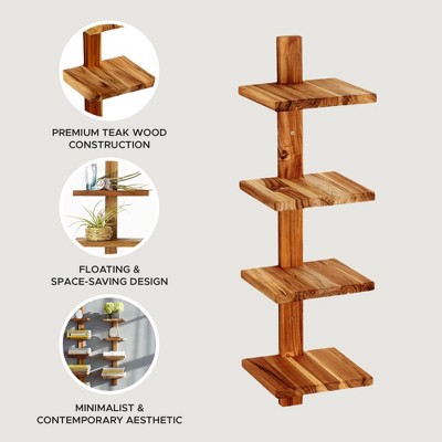 Eco-Friendly Teak 4-Tier Wall Mounted Shelf in Brown