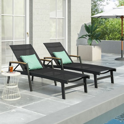 Black Aluminum Outdoor Chaise Lounges with Mesh Seating, Set of 2