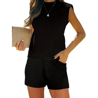Women's Summer Casual Two Piece Tracksuit Mock Neck Sleeveless Knit Sweater Vest Tank Shorts with Pockets Lounge Sets Outfits