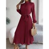 Women's Mock Neck Belted Pleated Midi Dress - Long Sleeve Flowy Swing Dress for Formal & Casual - 2 of 4