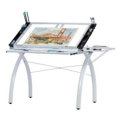 Futura 58'' White Glass Drafting Craft Table with Adjustable Top and Folding Shelf