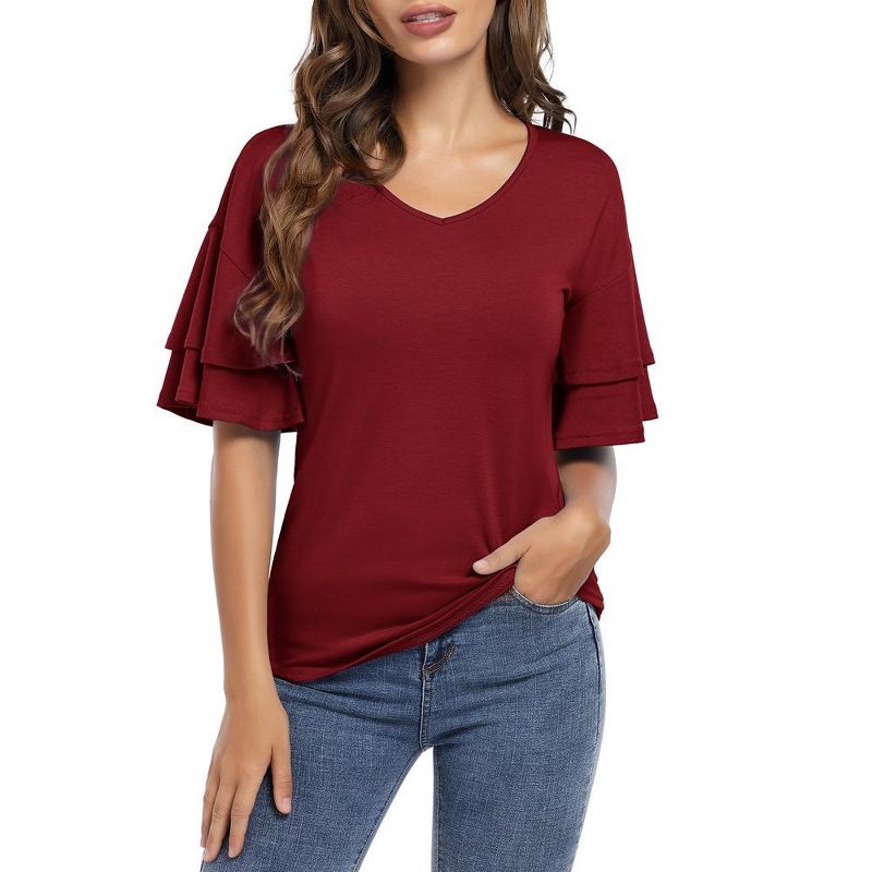 Women's Ruffle Tunic Top Casual V Neck Shirt Bell Half Sleeve Pullover Blouse Top, 2 of 8