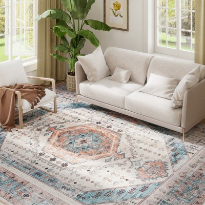 HOMCOM 8x10 Area Rug, Vintage Machine Washable Rug, Non-Slip Floor Carpet for Living Room, Bedroom, Dining Room, Home Office, Brown and Blue