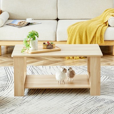 Okak 35" Modern Practical Coffee Table with Storage Open Shelves, Side Table for Living Room, Bedroom & Study, Scratch-Resistant Finish, Natural Wood