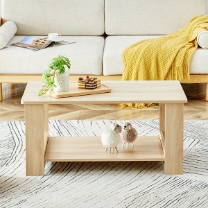 Okak 35" Modern Practical Coffee Table with Storage Open Shelves, Side Table for Living Room, Bedroom & Study, Scratch-Resistant Finish, Natural Wood - 1 of 4