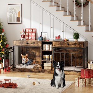 Dog Crate Furniture for 2 Dogs, Dog Kennel Indoor with Storage and Feeding Bowls, Double Dog Crate TV Stand for Small Medium Dogs - 1 of 4