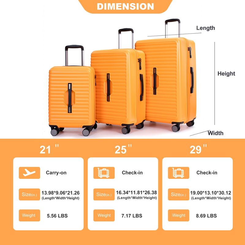 3 PCS Hardshell Luggage Set, PC+ABS Lightweight Suitcase with Two Hooks, Spinner Wheels, TSA Lock(21/25/29)-ModernLuxe, 3 of 14