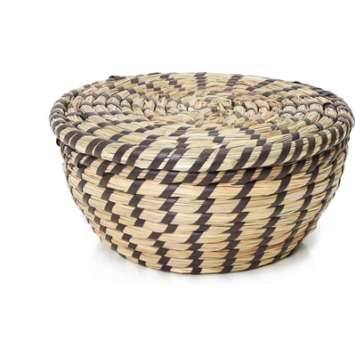 Natural and Brown Seagrass Round Storage Baskets with Lids, Set of 3
