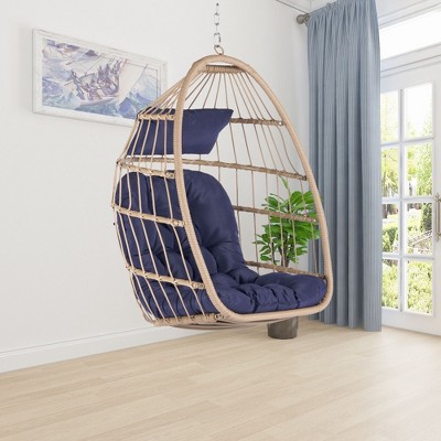 Okak Rattan Egg Swing Chair with Cushion,Outdoor Patio Wicker Hanging Chair,Woven Hammock Swing Chair for Patio,360LBS Capacity