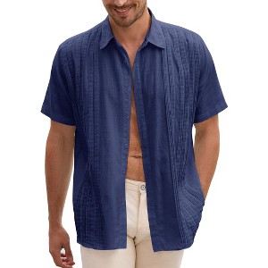 Men's Cotton Linen Shirts Relaxed Fit Short Sleeve Beach Button Down Shirt Button Up Pleats Guayabera Shirts - 1 of 4