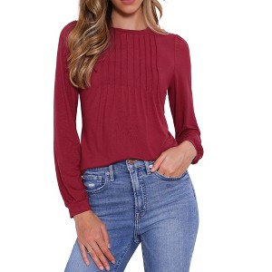 INSPIRE CHIC Women's Long Sleeve Pleated Round Neck Basic Tops - 1 of 4