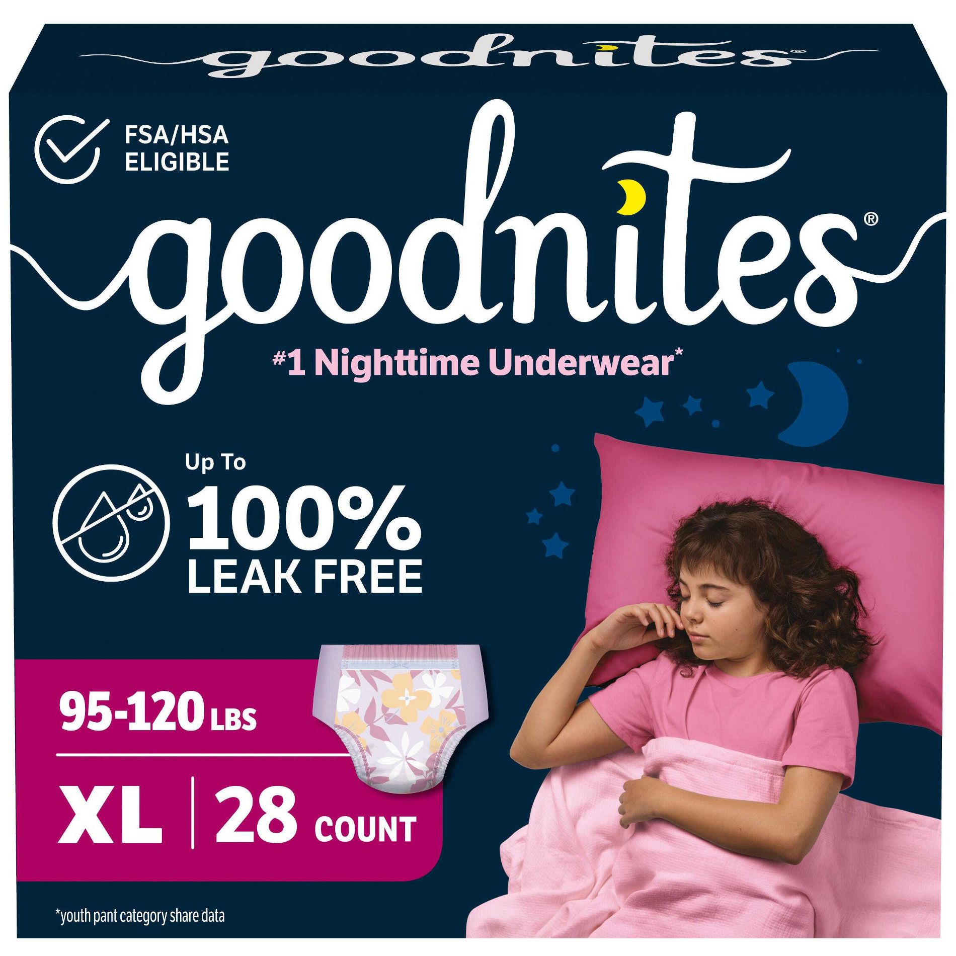 Goodnites Girls Nighttime Bedwetting Disposable Underwear - Size XL - 28 ct: Hypoallergenic, Odor Control, Leak Guards, Chlorine-Free