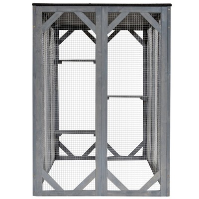 Large Gray Wooden Outdoor Cat House with Asphalt Roof