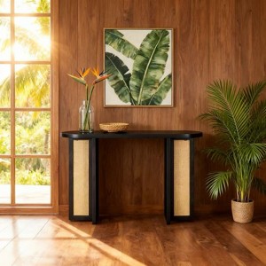 Homy Casa Console Table with Rattan Accent Panels, Dark Brown - 1 of 4