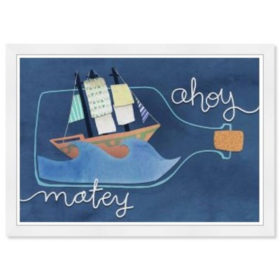 21" x 15" Ahoy Matey Ship in Bottle Coastal Framed Art Print: Modern Decor - Wynwood Studio