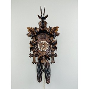 Eight Day Hunter's Cuckoo Clock – 15 in Hand-carved Maple Leaves & Rifles – Traditional Design By River City Clocks - 1 of 4