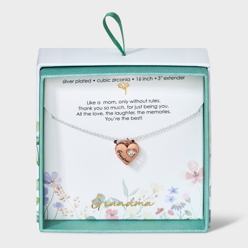 Silver Plated Two Tone &#34;Grandma&#34; Heart with Dancing Cubic Zirconia Pendant Necklace - Silver/Rose Gold, 1 of 5