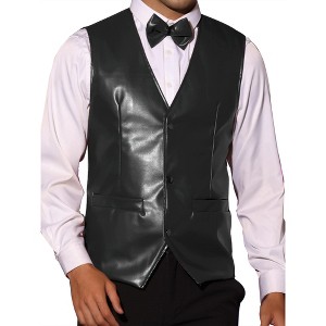 Lars Amadeus Men's Western PU Faux Leather Waistcoat Vest with Bow-Tie - 1 of 4