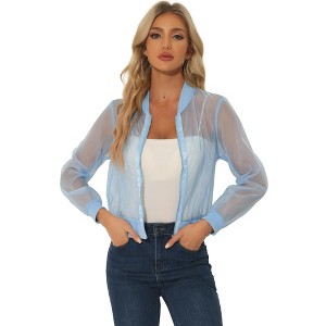 Allegra K Women's Zip Up See-Through Lightweight Long Sleeve Mesh Bomber Jacket - 1 of 4