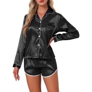 INSPIRE CHIC Women's Satin Long Sleeve Button Down Top and Shorts Silky Pajamas Set - 1 of 4