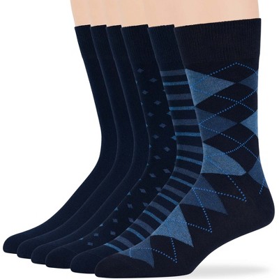 Men's Dress Socks Cotton - 6 pack- Seamless - Argyle, Dot, Striped - Shoe Size 9-12 L - Black, Brown | 7BIGSTARS KINGDOM
