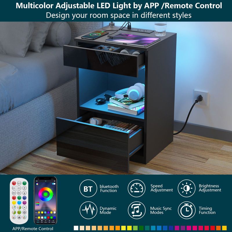 Hommpa 2 Drawers Nightstand Open Shelf with LED light + Charging Station, 3 of 10