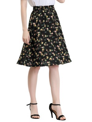 Allegra K Women's Floral Elastic Waist Knee Length A-line Summer Skirt