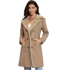 Allegra K Women's Winter Faux Fur Collar Double Breasted Long Warm Coats - 1 of 4