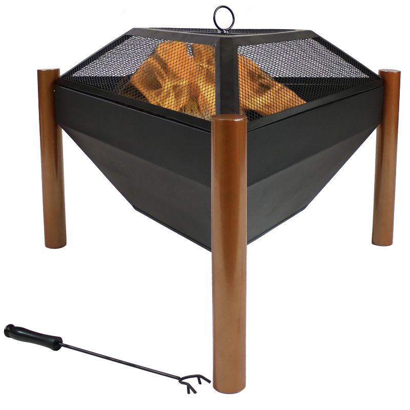 Sunnydaze Outdoor Camping or Backyard Steel Triangle Fire Pit with Wood Grate, Log Poker, and Spark Screen - 31" - Copper Finish, 1 of 12