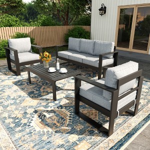 LayinSun 4 Pieces Aluminum Outdoor Patio Furniture Set, Metal Modern Conversation Sofa Set with Coffee Table and Washable Thick Cushions - 1 of 4