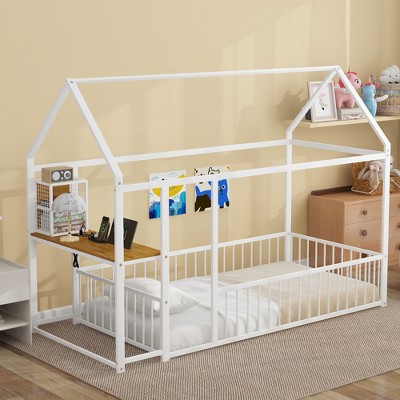 Twin Size Metal House Bed Frame with Desk and Shelves