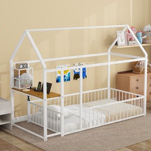 Twin Size Metal House Bed Frame with Desk and Shelves - 1 of 4