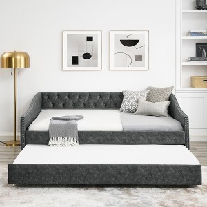 LOVMOR Full Size Upholstered Daybed with Two Trundle, Solid Wooden Bed Frame w/Button Tufted Backrest, No Spring Box Need, for Kids, Bedroom, Dorm - 1 of 4