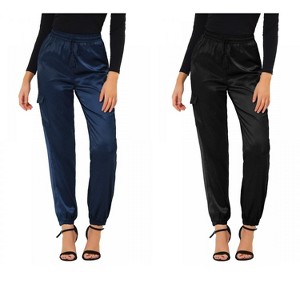 Allegra K Women's Drawstring Elastic High Waist Cargo Pocket Silky Satin Pants 2 Packs - 1 of 4